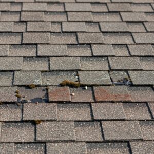 A detailed view of aging roof shingles that may need replacement before solar installation.