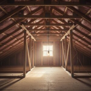 The internal wooden support structure of a home's attic shown during a structural assessment.