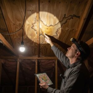 A home inspector points out evidence of a moisture leak on the interior of a roof deck.