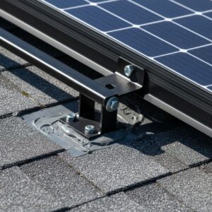 A close-up shot of professional solar racking equipment securely fastened and flashed on a roof.