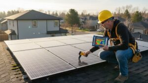 A professional inspector examines the condition of roof shingles near a modern solar panel installation.