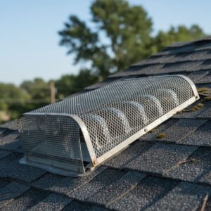 A detailed view of a fire-resistant metal mesh screen installed on a residential roof vent.