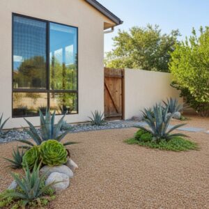 A clean defensible space zone featuring drought-tolerant plants and gravel mulch near a home's foundation.