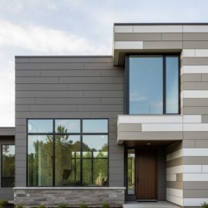 The exterior of a modern home featuring fire-resistant siding materials and high-quality tempered glass windows.