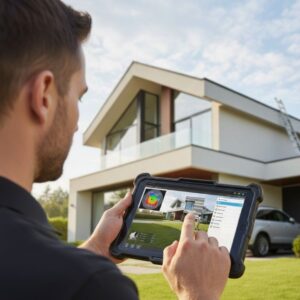 A home inspector uses a digital tablet to record observations while evaluating a property's exterior for compliance.