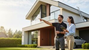 A professional home inspector and a homeowner discuss property maintenance in front of a modern California home.